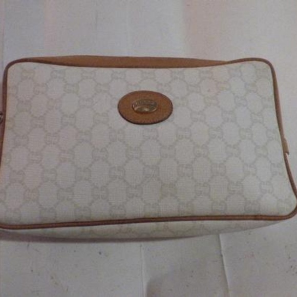 Vintage Camel Leather Logo Ivory Canvas Clutch - Picture 1 of 8
